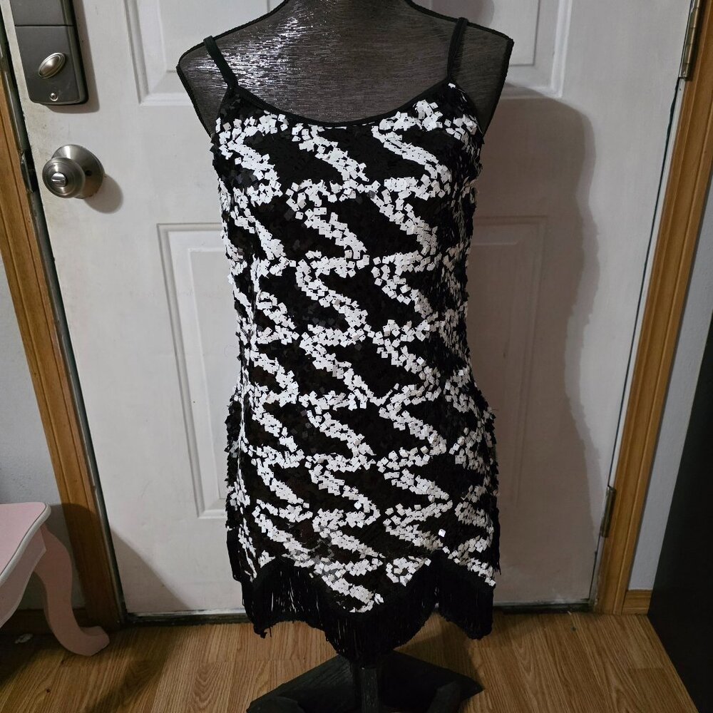 Vintage-Inspired Black & White Fringe Flapper Dress